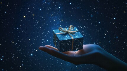 hand holding sparkling gift box against starry night sky, symbolizing magical christmas and new year
