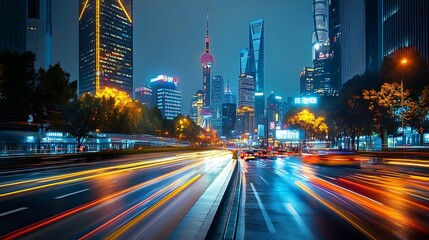 Poster - A vibrant, dynamic cityscape at night with a clear area for text