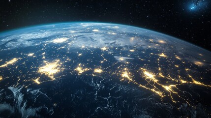 Canvas Print - View of the Earth from space at night, with light trails linking continents, representing digital global networks generative ai