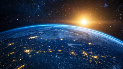 Canvas Print - View of the Earth from space at night, with light trails linking continents, representing digital global networks generative ai