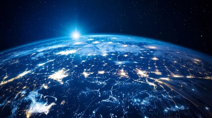 Canvas Print - View of the Earth from space at night, with light trails linking continents, representing digital global networks generative ai