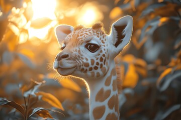 Wall Mural - closeup portrait of a baby giraffe looking to the side in the sunset