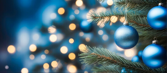 blue christmas ornaments in vibrant blue and silver, hanging tree branch with warm bokeh lights , gl