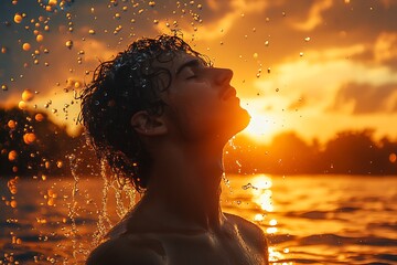 Poster - Silhouette of Man in Water with Sunset and Rain Drops