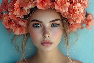 Sticker - Beautiful woman with blue eyes wearing a flower crown against a blue background.