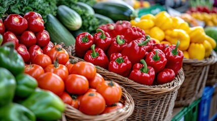 Poster - A display of baskets filled with different vegetables and fruits, AI