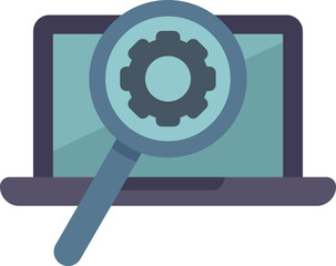 Poster - magnifying glass is focusing on a gear symbol on a laptop screen, representing online technical supp