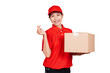 © panadesignteam - smiling asian delivery: courier woman holding boxed packages and showing love sign gesture isolated transparent
