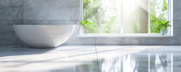 Aufkleber - A serene bathroom scene featuring a stylish bathtub, natural light, and green plants for a calming atmosphere.