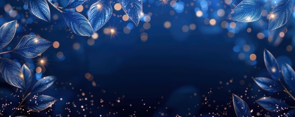 Poster - A stunning blue background adorned with elegant leaves and soft glowing lights, perfect for festive or elegant designs.