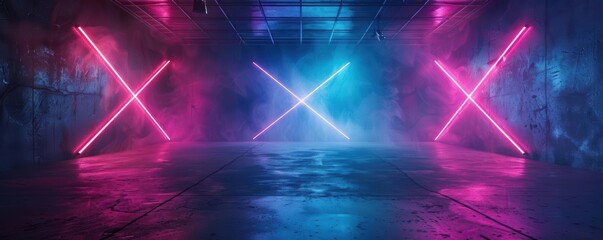 Aufkleber - Vibrant neon lights create a dynamic atmosphere in a dark industrial space, perfect for modern themes and creative projects.
