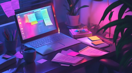 Poster - A startup team working late into the night, surrounded by notes and coffee cups