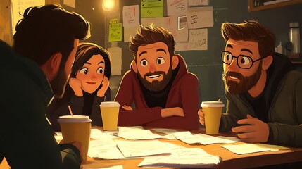 Poster - A startup team working late into the night, surrounded by notes and coffee cups