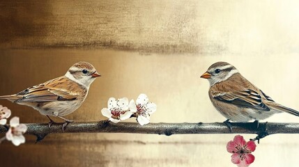 Canvas Print - Two Birds Perched on a Branch With Blooming Flowers  