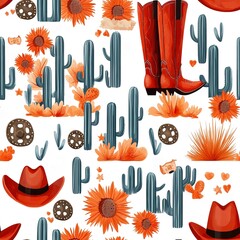 Poster - This seamless pattern contains cowboy boots, hats, horseshoes, peyote cactus, sun, wild west, western, boho style. Vector 