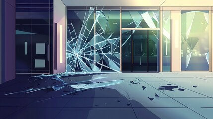 Poster - This modern illustration depicts a broken glass door at the entrance of an office building or shopping mall, cracks in the show case after a robbery, a tiled floor, and LED lighting.  