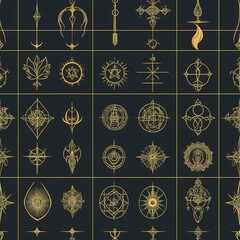 Canvas Print - The image is a seamless pattern with golden mystical symbols on a black background. 