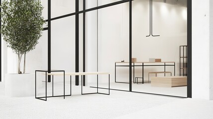 Poster - Storefront with white walls and black metal accents, glass windows showing the interior of the store, minimalist wood furniture in front of the building.  