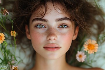 Wall Mural - Close up Portrait of Young Woman with Green Eyes and Flowers