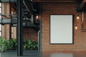 Stylish industrial interior featuring a brick wall, empty framed poster, greenery, and modern lighting, perfect for urban decor inspiration.