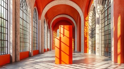 Poster - red box podium on a fashion show stage with colorful shopfront for product display , geometric, forms, fashion show  