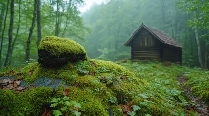 Poster - A peaceful cabin nestled in a misty forest, surrounded by lush greenery and moss-covered rocks. Ideal for nature lovers and outdoor enthusiasts.