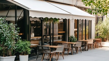 Poster - Outdoor seating of a modern cafe with white awning and plants. The cafe storefront features chairs and tables arranged on the sidewalk, creating a cozy and inviting atmosphere in an urban setting. 