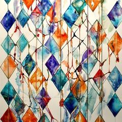 Poster - Natural organic tile design with a diamond-shaped geometric pattern drawn by hand in watercolor. 