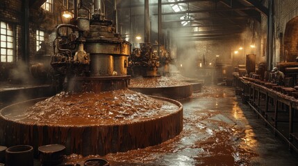 Industrial factory with large vats of brown liquid being processed.