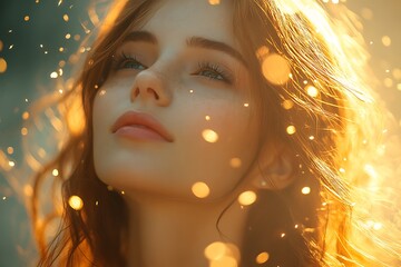 Canvas Print - Dreamy Woman with Golden Lights Portrait