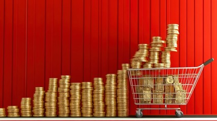 Poster - Illustration of inflation with increasing coin stacks and a cart, indicating rising prices 