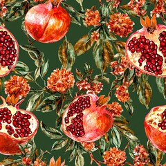 Canvas Print - hand drawn pomegranate fruit on a branch with leaves and flowers seamless pattern illustration on dark green background unusual template for design of textiles paper clothing case phone cover.  