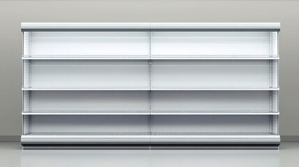 Poster - Front facing, Photorealistic style image of a empty supermarket shelf facing the viewer, grocery empty store shelf, clean display 