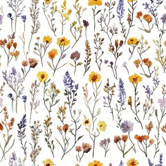 Poster - Floral seamless pattern with scattered abstract wildflowers, branches and plants, watercolor illustration on white background in provence style 