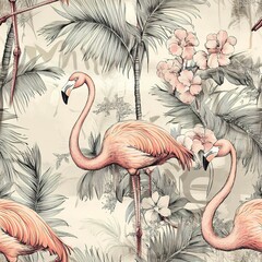 Sticker - Floral seamless background with a tropical pattern of pink flamingos with exotic flowers, palm leaves. Botanical wallpaper. 