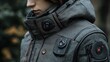 © zulie - Closeup of a woman wearing a futuristic gray jacket with several technological attachments.