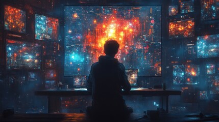 A lone figure sits in front of a wall of screens displaying a futuristic city, reflecting on the vast and complex digital landscape.