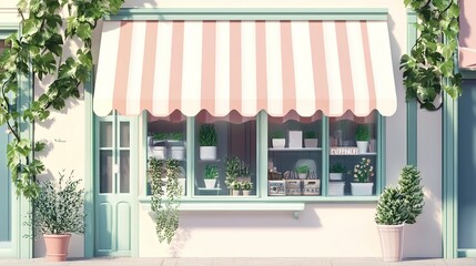 Wall Mural - Cute pastel shopfront with striped awning and greenery
