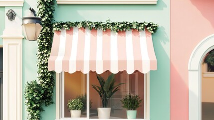 Poster - Cute pastel shopfront with striped awning and greenery
