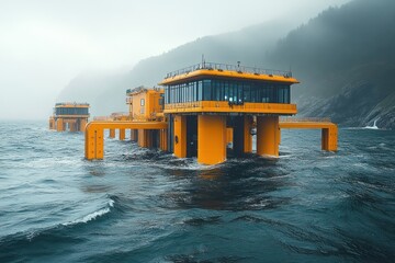 Two yellow offshore platforms in the ocean on a cloudy day.