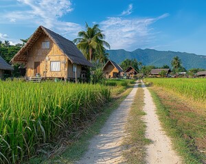 A picturesque view of traditional bamboo houses surrounded by lush rice fields, under a clear blue sky. Ideal for capturing the essence of rural life.