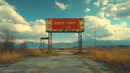 A rusty, weathered billboard stands alone in a field with mountains in the background, the road leading to it is cracked and overgrown.