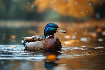 Wall Mural - mallard duck swimming in water with bokeh background