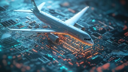 Poster - Airplane on Circuit Board: A Futuristic Concept of Air Travel