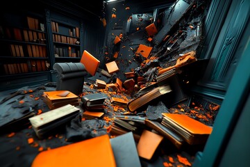 Aufkleber - Interactive 3D digital scene of a philosopherâ€™s study filled with decaying books, where users can explore the detailed textures and atmosphere of a room consumed by existential despair