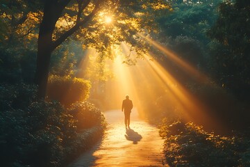 Sticker - Silhouette of a Person Walking Towards Golden Sunlight in a Forest Path