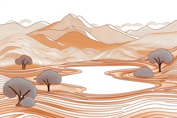 Poster - Simple line art of Lake Naivasha within the Great Rift Valley, capturing the serene beauty of the lake with abstract ripples and soft shapes