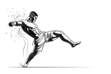 Poster - simple line art of a muay thai roundhouse kick, capturing the motion and precision of the strike in 