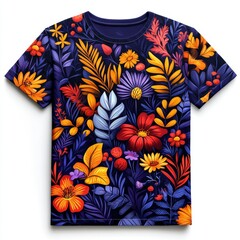 Floral Pattern Blue T Shirt Mockup   Colorful Flowers and Leaves Design