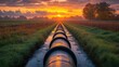 © zulie - A large pipeline runs through a field with a misty sunrise in the background.
